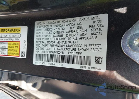 2023 Honda Cr-V Ex-L 2Wd z USA, uszkodzony, nr VIN 2HKRS3H7XPH302431